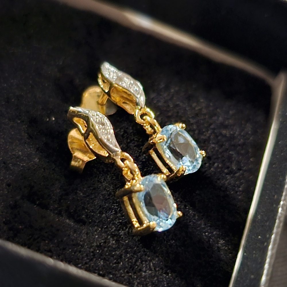 107 - Womens 18K Gold 1.6 CTW Swiss Blue Topaz Diamond Designer Earrings